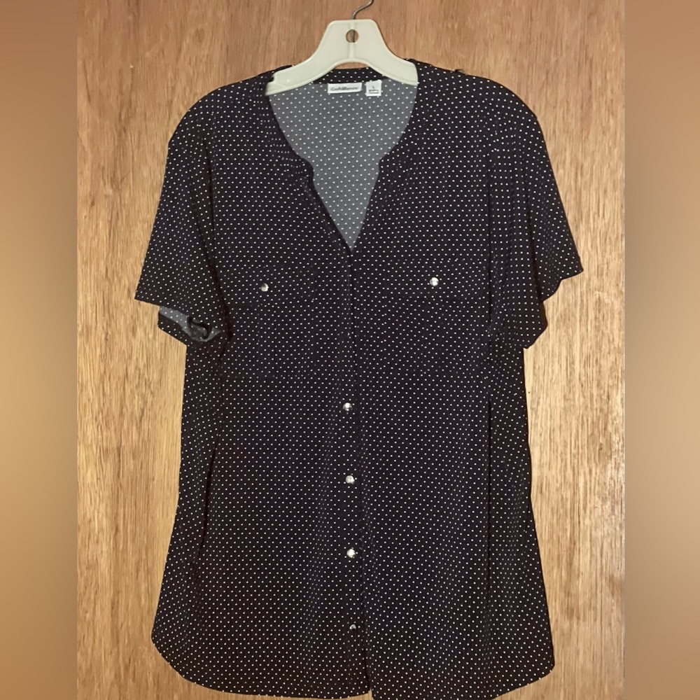 Womans Croft and Barrow Large Short Sleeve Button Down Navy Blue Dots Career